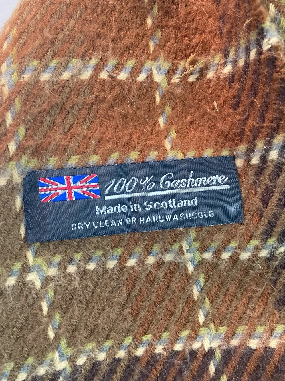 100% Cashmere Scarf With Fringe, Brown Plaid, Made In Scotland